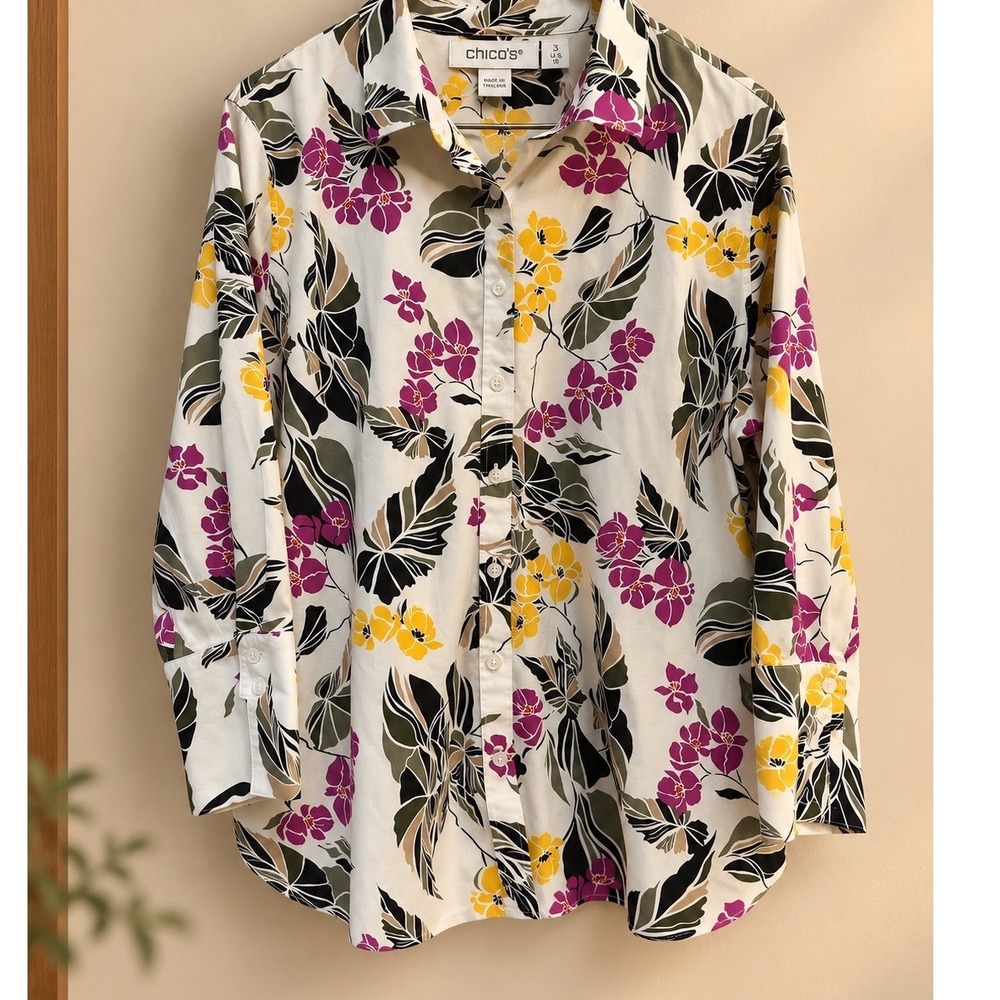 Chicos Floral Button Up Shirt Size 3 US 16 Cotton Stretch Long Sleeve Botanical